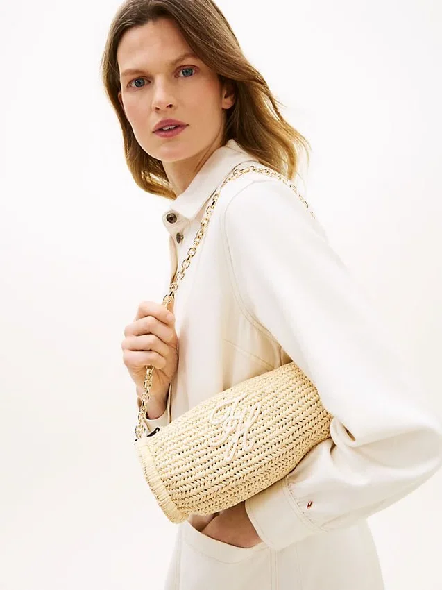Bolso con correa de cadena de rafia y monograma Script Bolso con correa de cadena de rafia y monograma Script