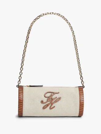 Bolso de lino con monograma y asa de cadena
