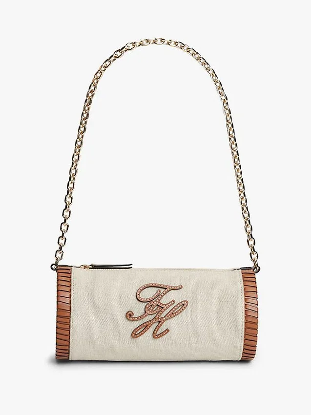 Bolso de lino con monograma y asa de cadena Bolso de lino con monograma y asa de cadena