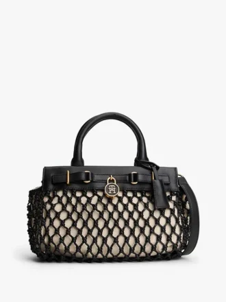 Bolso mini tote de cuero con macramé