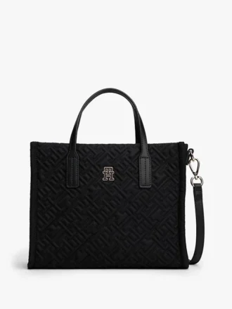 Bolso mini tote de nailon con monograma y pespuntes