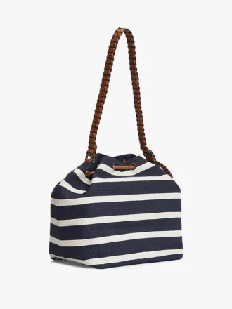 Bolso tipo cubo con rayas bretonas y monograma en letra cursiva