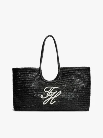 Bolso tote maxi de rafia con monograma en letra cursiva