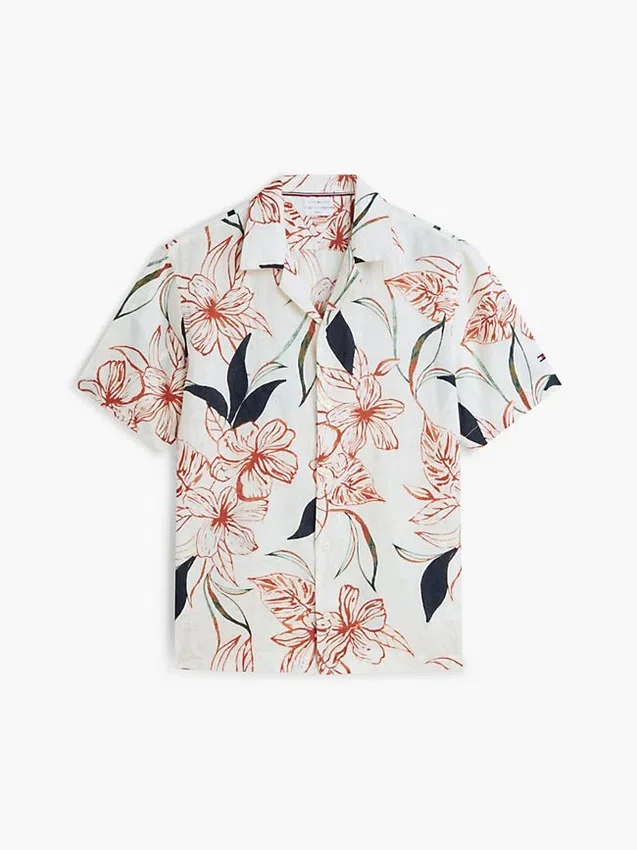 Camisa camp de lino con estampado floral y corte regular Camisa camp de lino con estampado floral y corte regular