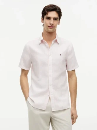 Camisa de algodón y lino a rayas de corte regular