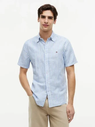 Camisa de algodón y lino a rayas de corte regular