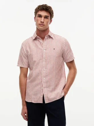 Camisa de algodón y lino a rayas de corte regular