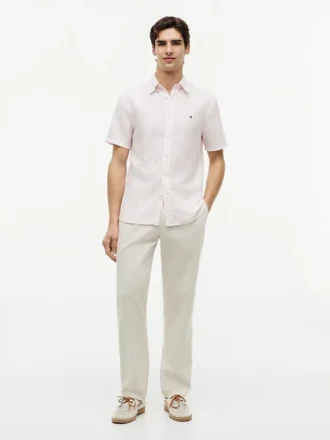 Camisa de algodón y lino a rayas de corte regular