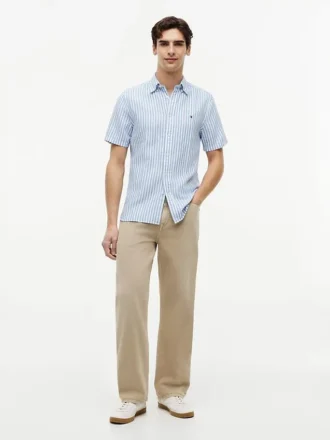 Camisa de algodón y lino a rayas de corte regular
