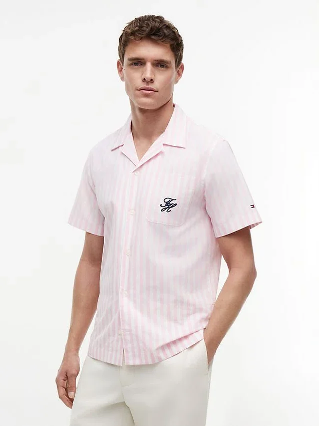 Camisa de campamento a rayas con tacto de papel Camisa de campamento a rayas con tacto de papel