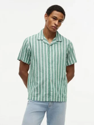 Camisa de campamento a rayas de mezcla de algodón y lino