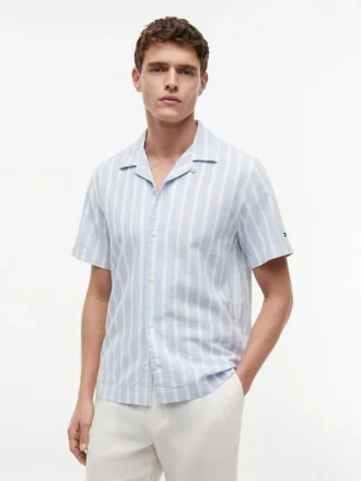 Camisa de campamento a rayas de mezcla de algodón y lino