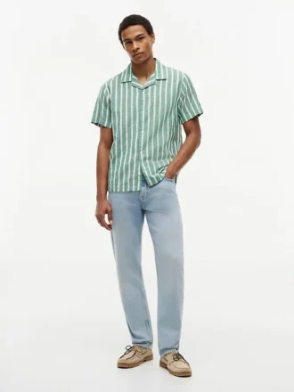 Camisa de campamento a rayas de mezcla de algodón y lino
