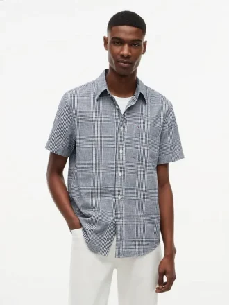 Camisa de corte regular con estampado Glen Plaid en mezcla de lino