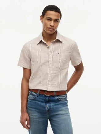Camisa de corte regular con estampado Glen Plaid en mezcla de lino