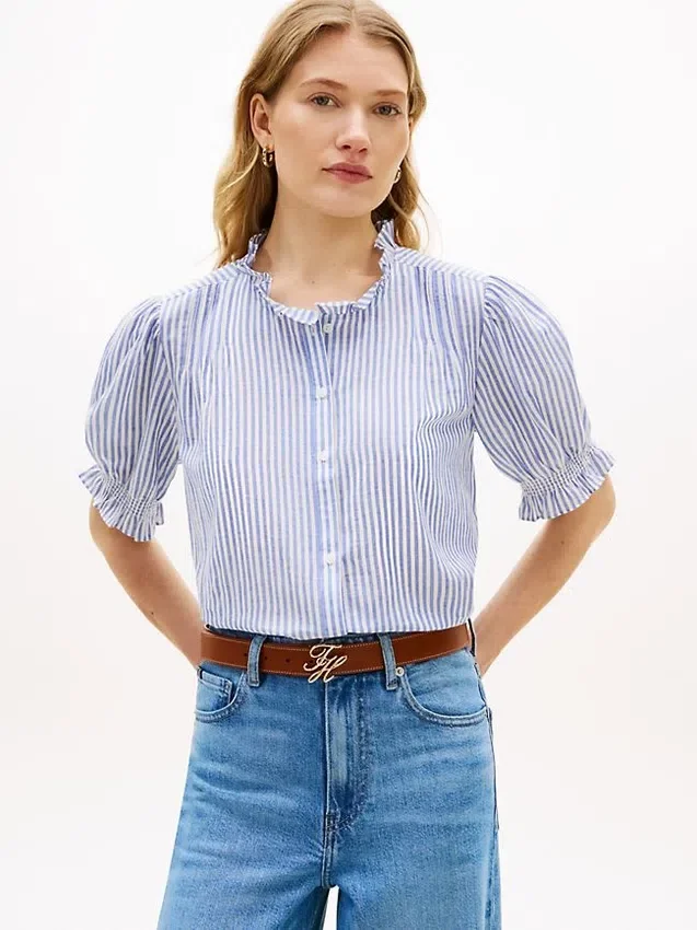 Camisa de gasa de algodón con ribete de volantes Camisa de gasa de algodón con ribete de volantes
