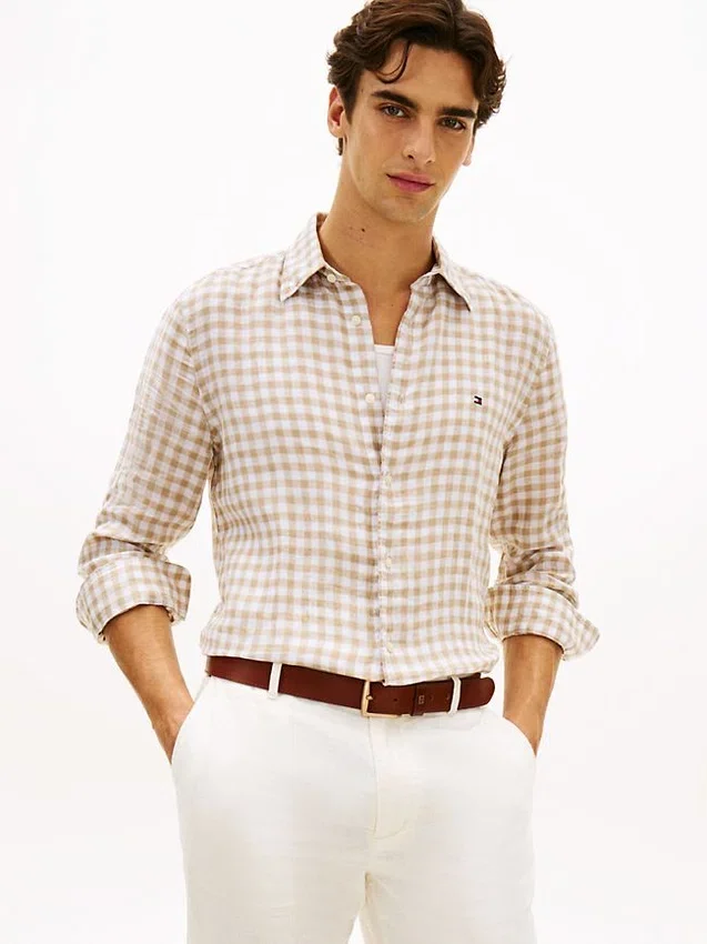 Camisa de lino a cuadros de corte regular Camisa de lino a cuadros de corte regular