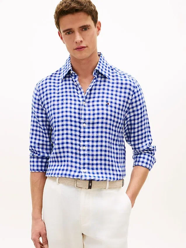 Camisa de lino a cuadros de corte regular Camisa de lino a cuadros de corte regular