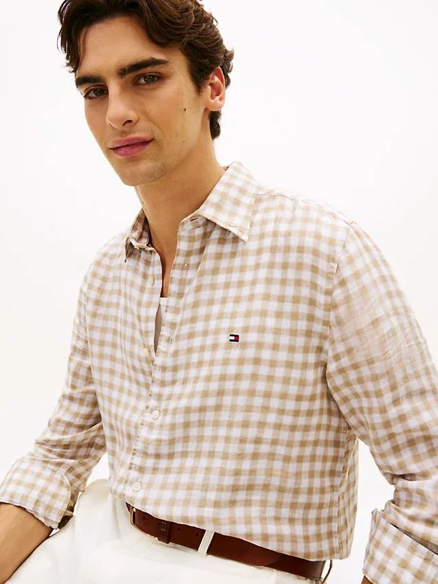 Camisa de lino a cuadros de corte regular Camisa de lino a cuadros de corte regular
