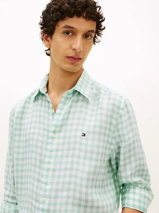 Camisa de lino a cuadros de corte regular Camisa de lino a cuadros de corte regular