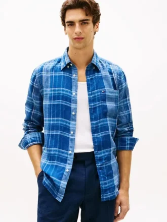 Camisa de lino a cuadros Madras de corte regular