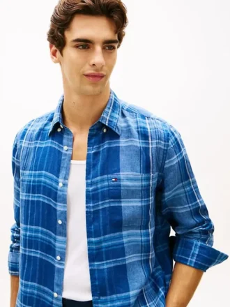 Camisa de lino a cuadros Madras de corte regular