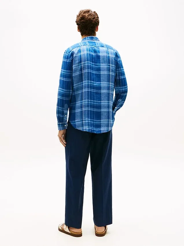Camisa de lino a cuadros Madras de corte regular Camisa de lino a cuadros Madras de corte regular