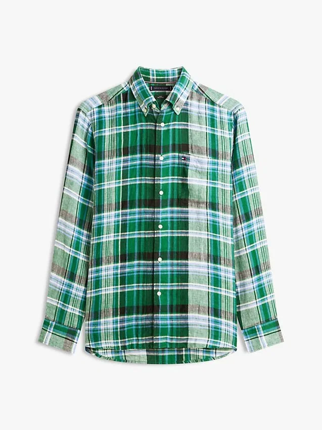 Camisa de lino a cuadros Madras de corte regular Camisa de lino a cuadros Madras de corte regular