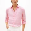 Camisa de lino a rayas de corte regular Camisa de lino a rayas de corte regular