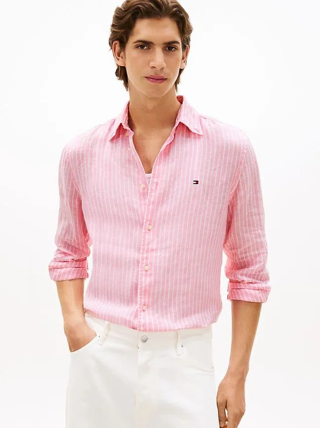Camisa de lino a rayas de corte regular Camisa de lino a rayas de corte regular