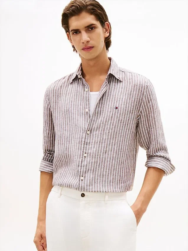 Camisa de lino a rayas de corte regular Camisa de lino a rayas de corte regular