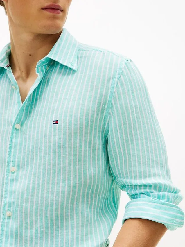 Camisa de lino a rayas de corte regular Camisa de lino a rayas de corte regular