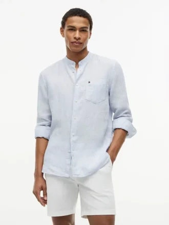 Camisa de lino de corte regular con cuello de banda