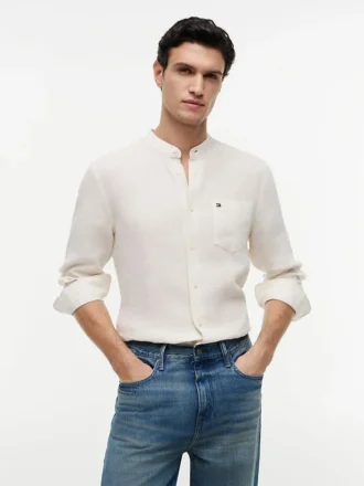 Camisa de lino de corte regular con cuello de banda