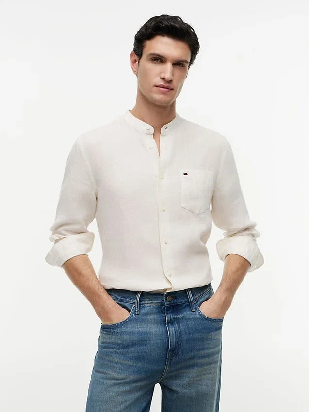 Camisa de lino de corte regular con cuello de banda Camisa de lino de corte regular con cuello de banda
