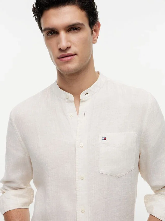 Camisa de lino de corte regular con cuello de banda Camisa de lino de corte regular con cuello de banda