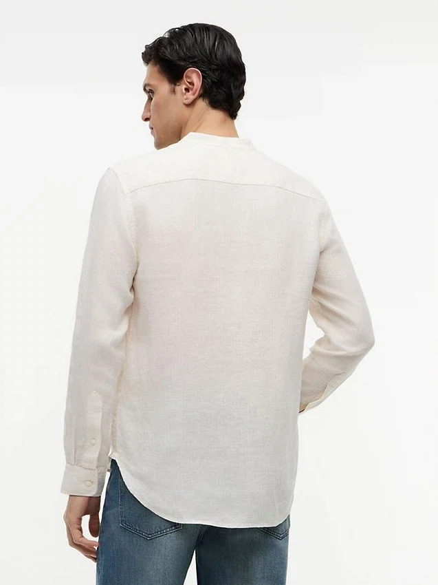 Camisa de lino de corte regular con cuello de banda Camisa de lino de corte regular con cuello de banda