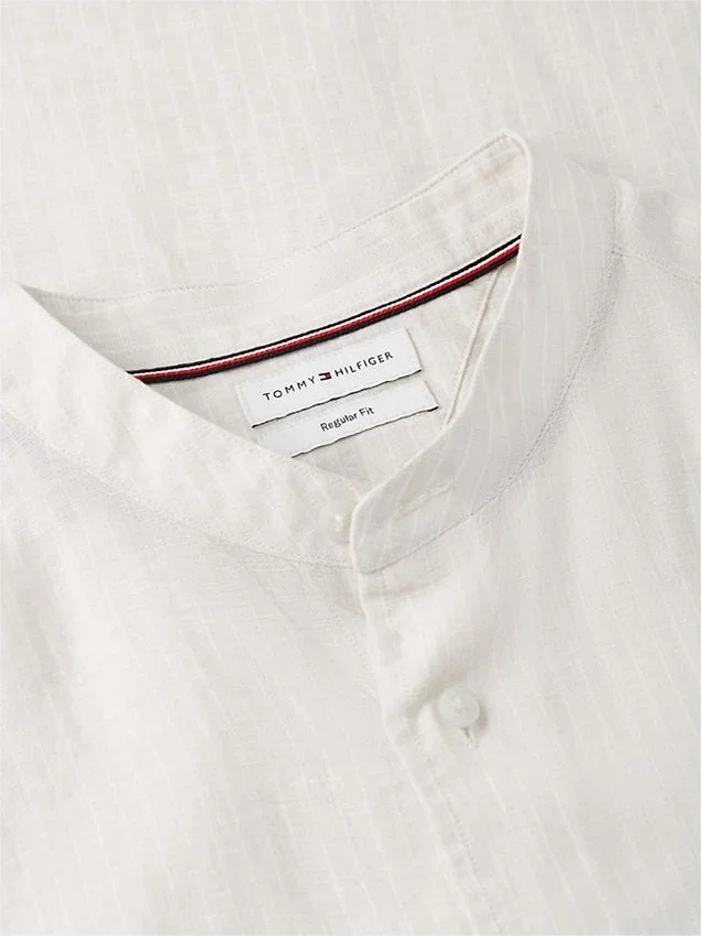 Camisa de lino de corte regular con cuello de banda Camisa de lino de corte regular con cuello de banda