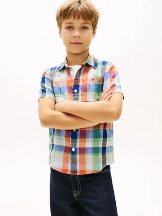 Camisa de madras de mezcla de lino y algodón para niños