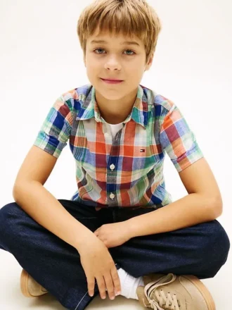 Camisa de madras de mezcla de lino y algodón para niños