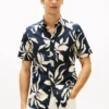 Camisa de mezcla de algodón y lino con estampado tropical Camisa de mezcla de algodón y lino con estampado tropical