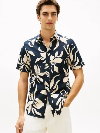 Camisa de mezcla de algodón y lino con estampado tropical