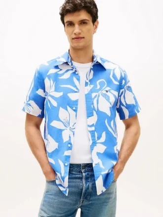 Camisa de mezcla de algodón y lino con estampado tropical