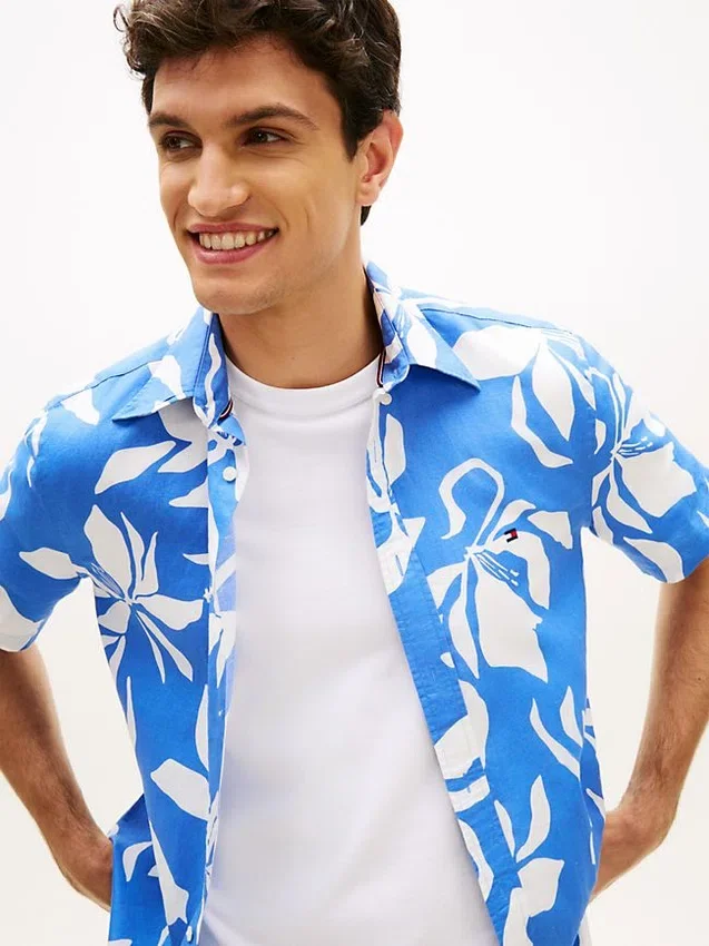 Camisa de mezcla de algodón y lino con estampado tropical Camisa de mezcla de algodón y lino con estampado tropical