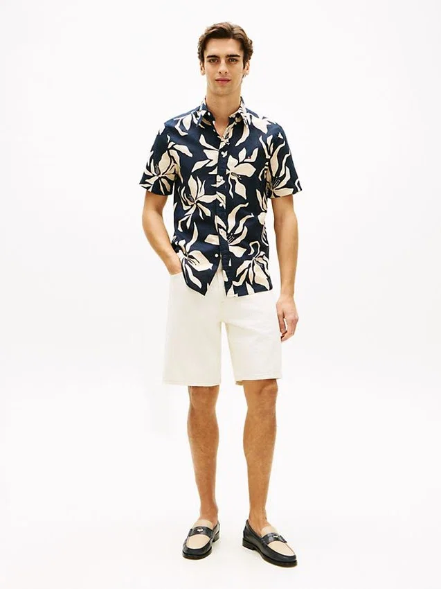 Camisa de mezcla de algodón y lino con estampado tropical Camisa de mezcla de algodón y lino con estampado tropical