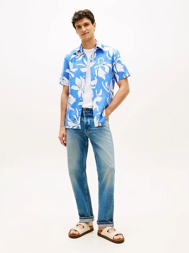 Camisa de mezcla de algodón y lino con estampado tropical Camisa de mezcla de algodón y lino con estampado tropical