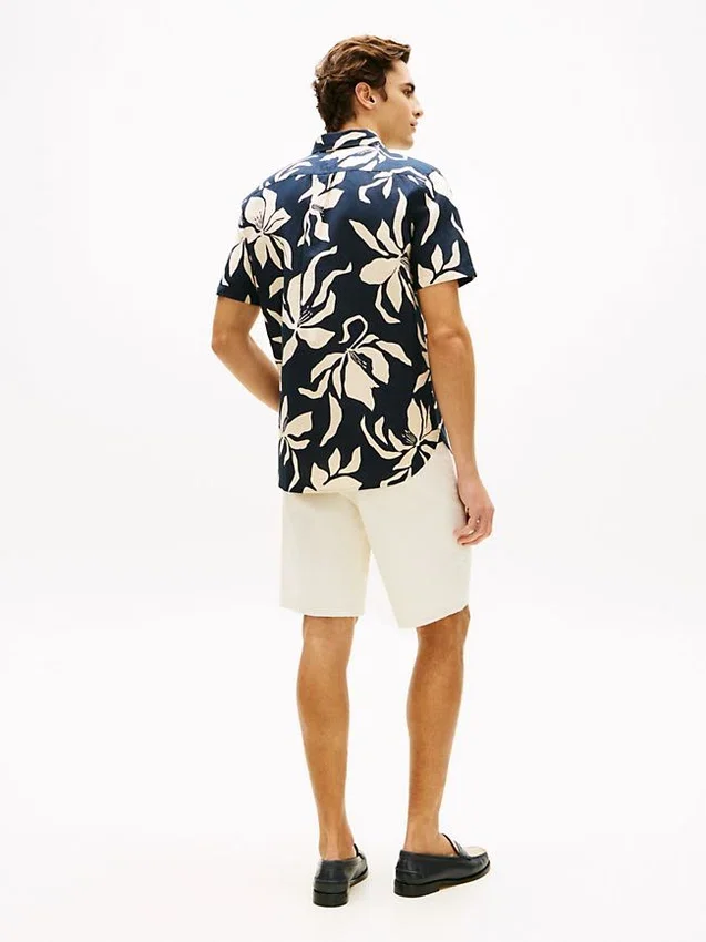 Camisa de mezcla de algodón y lino con estampado tropical Camisa de mezcla de algodón y lino con estampado tropical