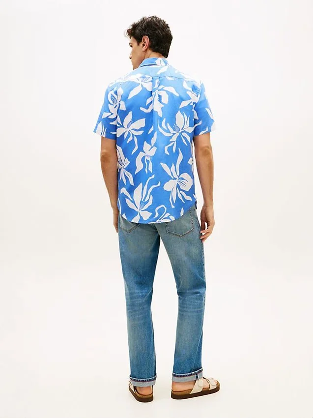 Camisa de mezcla de algodón y lino con estampado tropical Camisa de mezcla de algodón y lino con estampado tropical