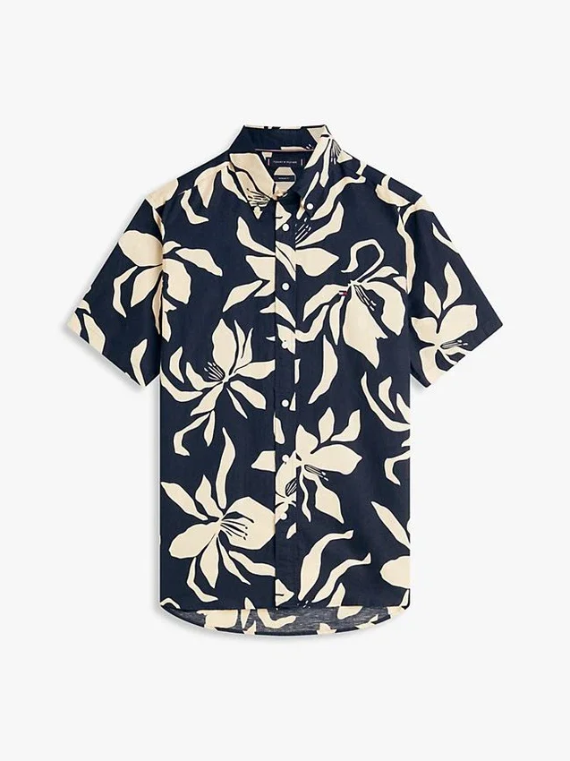 Camisa de mezcla de algodón y lino con estampado tropical Camisa de mezcla de algodón y lino con estampado tropical
