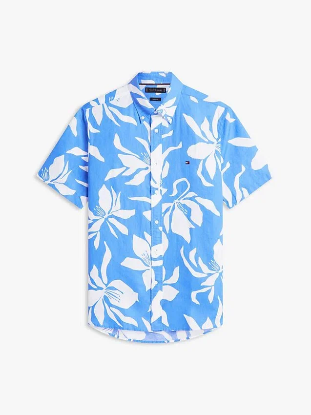 Camisa de mezcla de algodón y lino con estampado tropical Camisa de mezcla de algodón y lino con estampado tropical